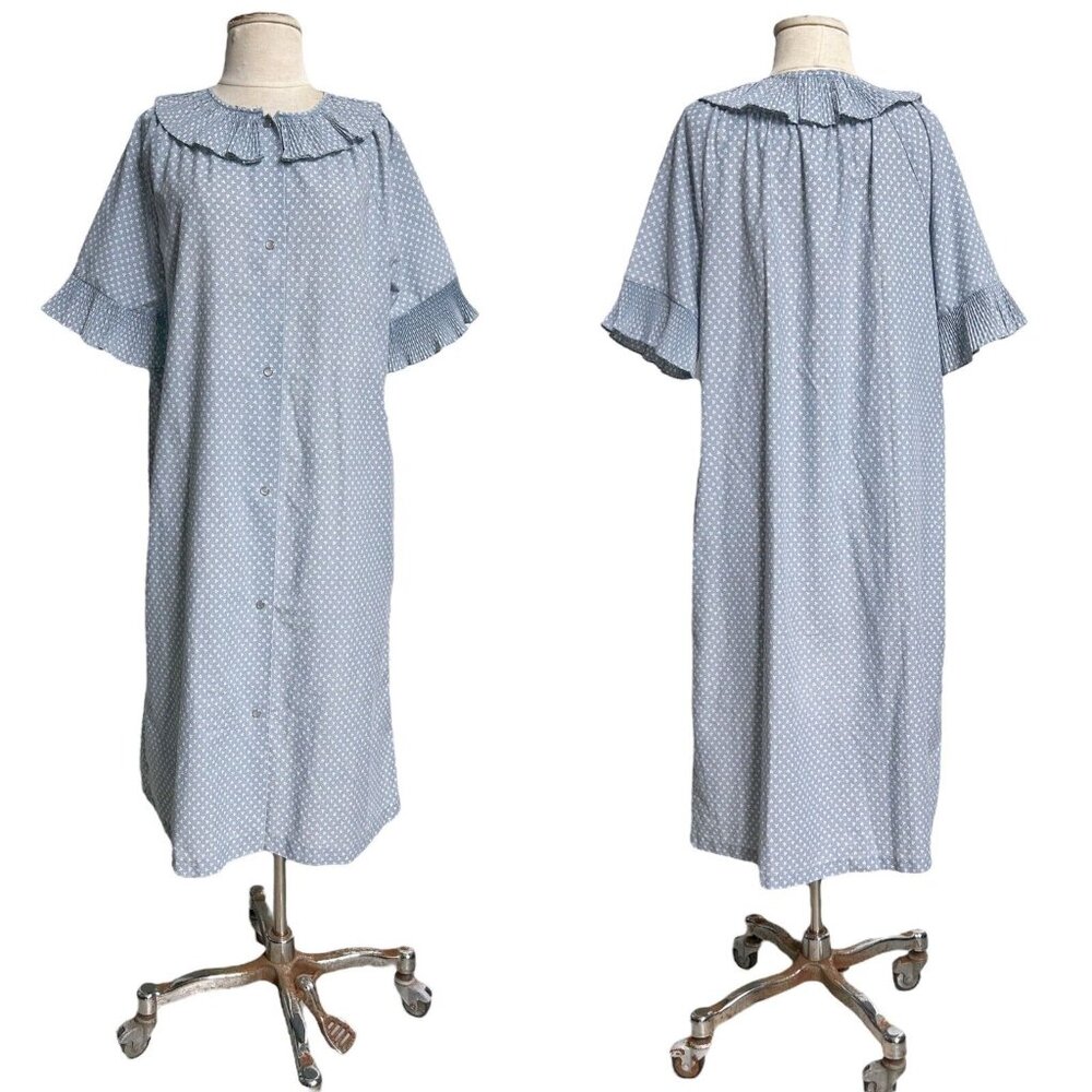 60s 70s Vintage Sears House Dress Oversized Pleated Collar Relaxed Fit Pockets.